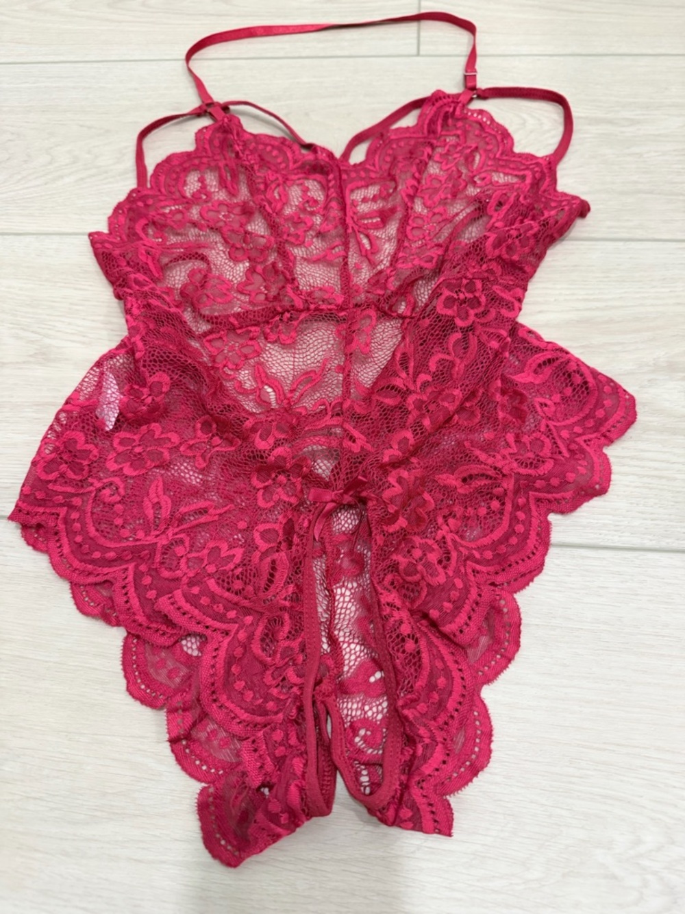 Women's Sexy Lace Teddy Bodysuit Red Rose - Elegant Sheer open Croch - Picture 8 of 8